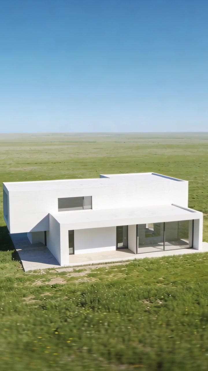 Video vertical: Cámara aérea que se acerca mostrando una casa blanca de dos pisos en un campo, exhibiendo el diseño.