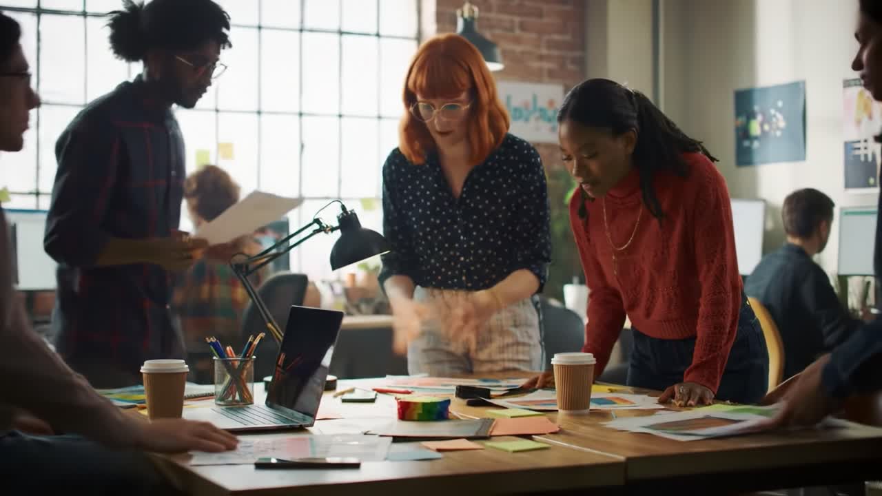 Creative Team Collaboration: Engaging Discussion Among Colleagues in a Bright, Modern Workspace Focused on Design and Innovation