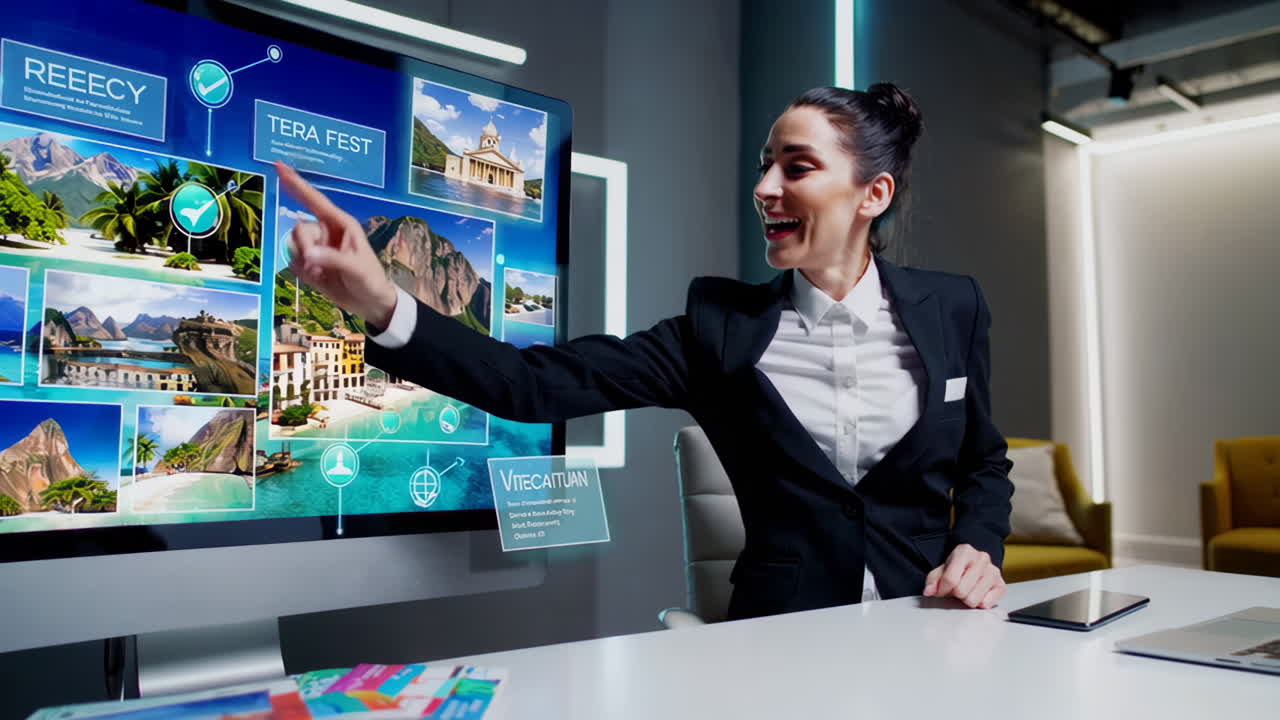 Woman Presenting Interactive Travel Destinations on a Digital Display
