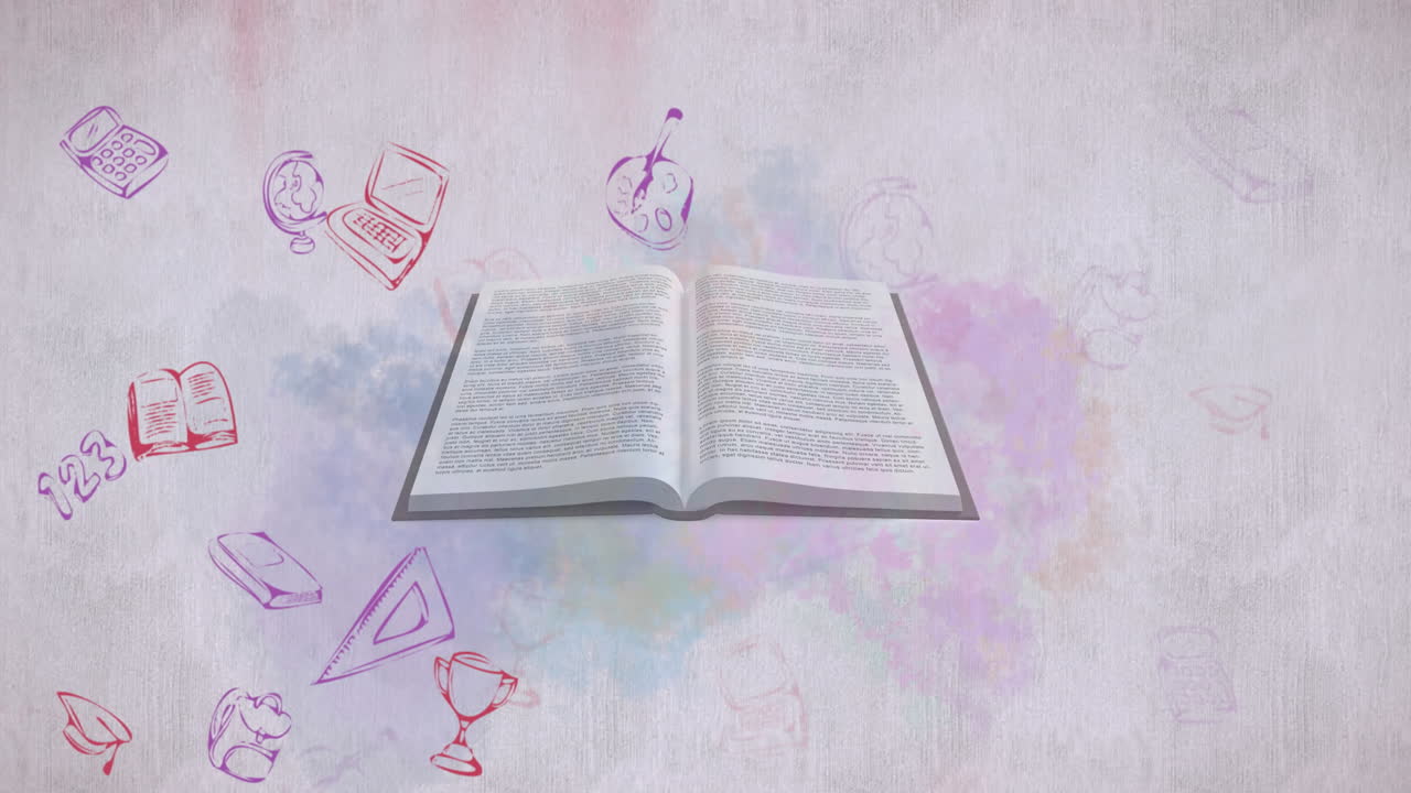 libro abierto contra los iconos del concepto de la escuela en fondo blanco