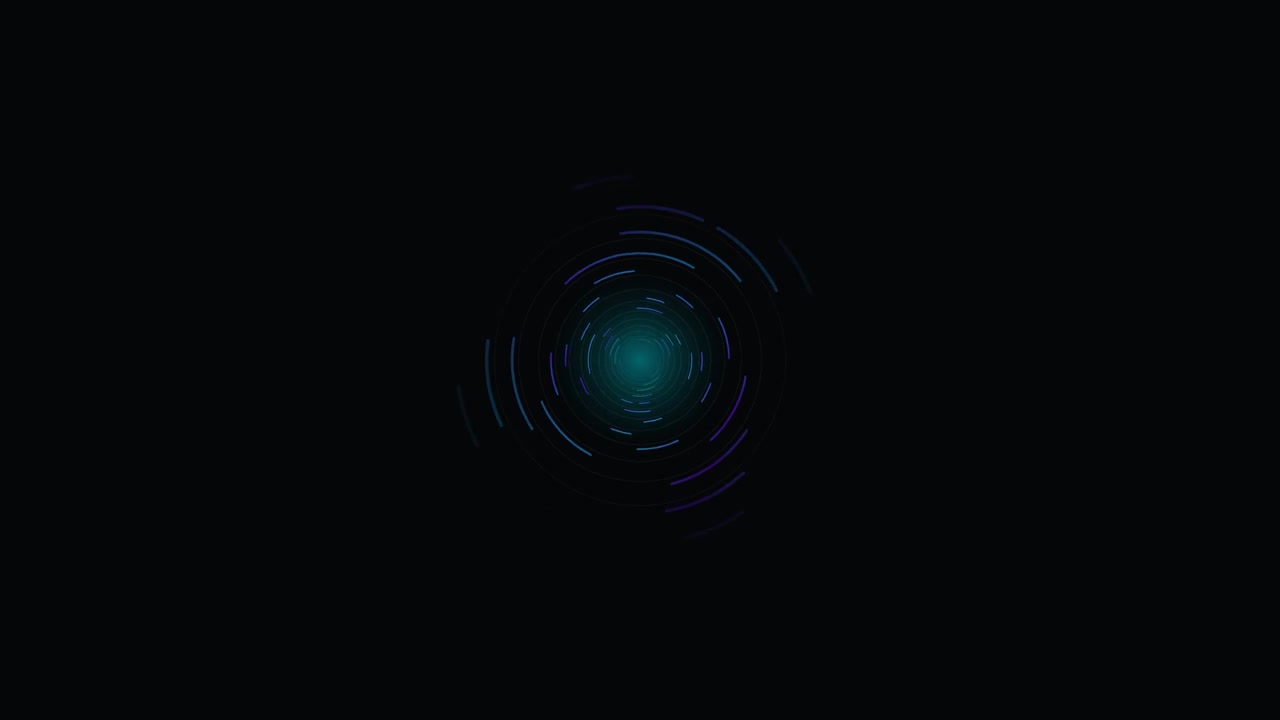 Abstract Glowing Circular Light Rings Rotating on Dark Background