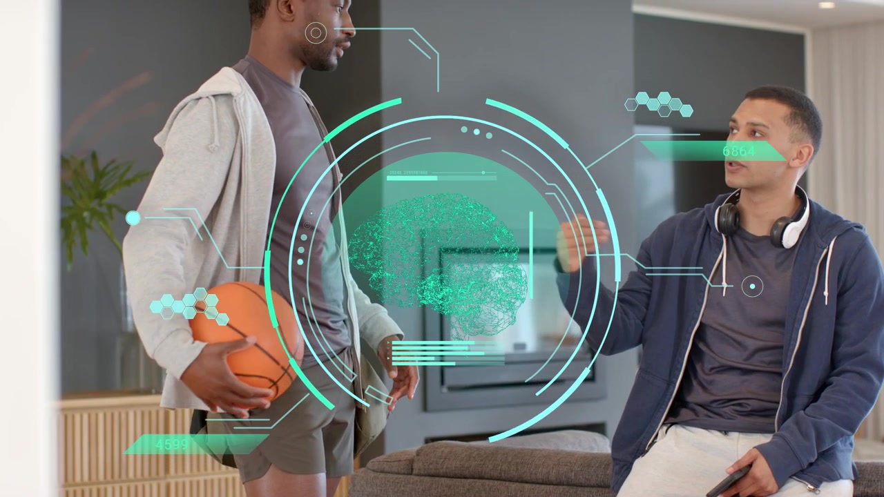 Seated man tapping device, gesturing, HUD reacting as standing man holding ball leaning for tech
