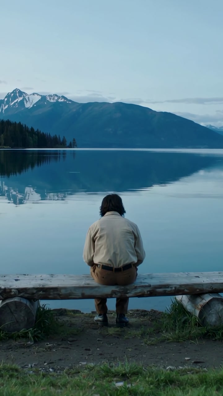 Person Sitting on Bench Overlooking Serene Mountain Lake