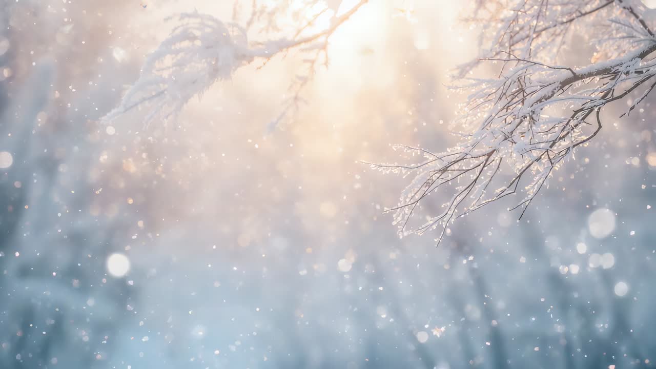 Glinting frost-covered branch shifting under sunlit bokeh in snowy woods, falling snow, copy space