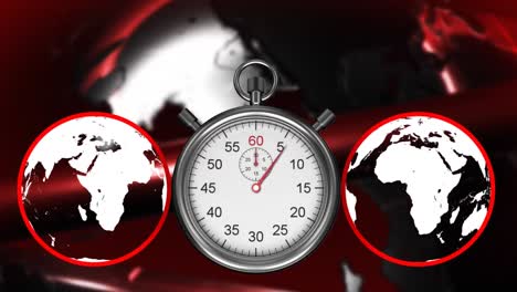 Animation-of-stop-watch-ticking-with-and-globes-spinning-on-red-background