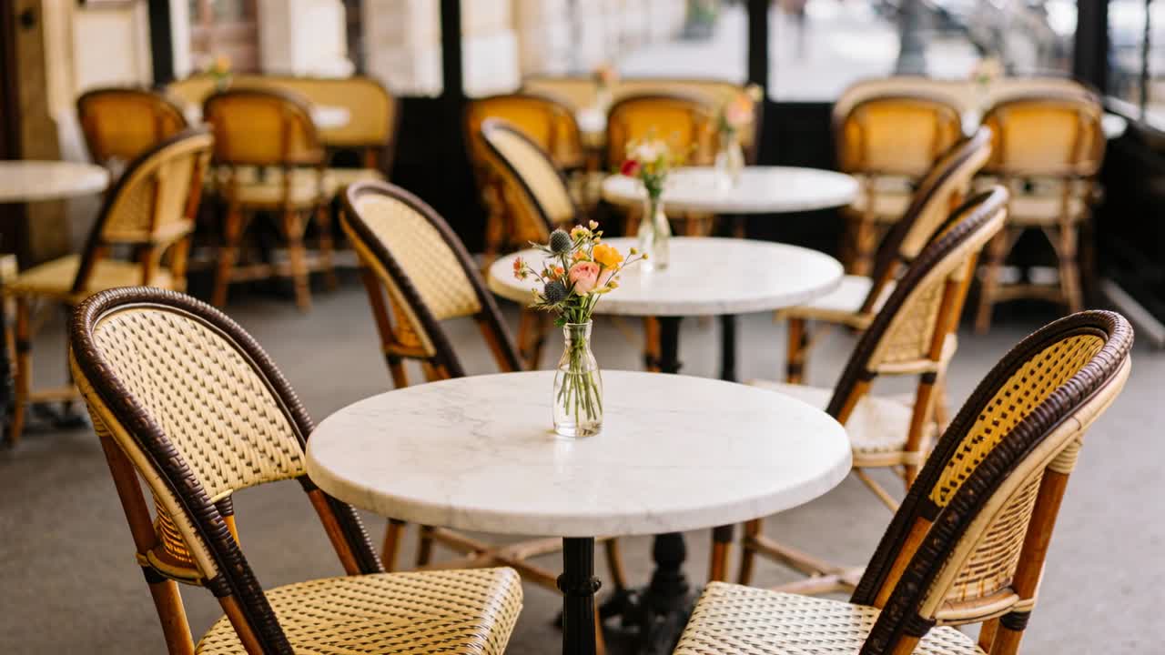 Inquadratura di un tavolo con piano in marmo, vaso trasparente e fiori, sedie in rattan al caffè, telecamera con messa a fuoco automatica.