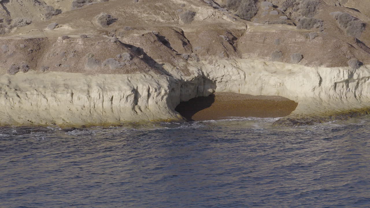 Drone view of the coastline and Atlantic waters near Puerto Madryn, Patagonia, Argentina