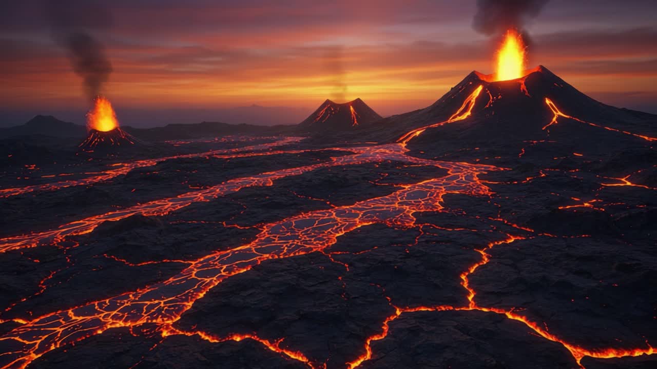 Drammatica eruzione di vulcani al tramonto: uno spettacolo mozzafiato di lava che scorre sul paesaggio con nuvole di cenere in eruzione e colori vivaci del cielo.