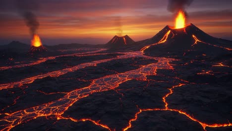dramatic eruption of volcanoes at sunset: a breathtaking display of lava flowing across the landscape with erupting ash clouds and vibrant sky colors