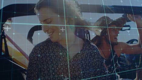 Riding boat, people experiencing digital grid overlay animation on water
