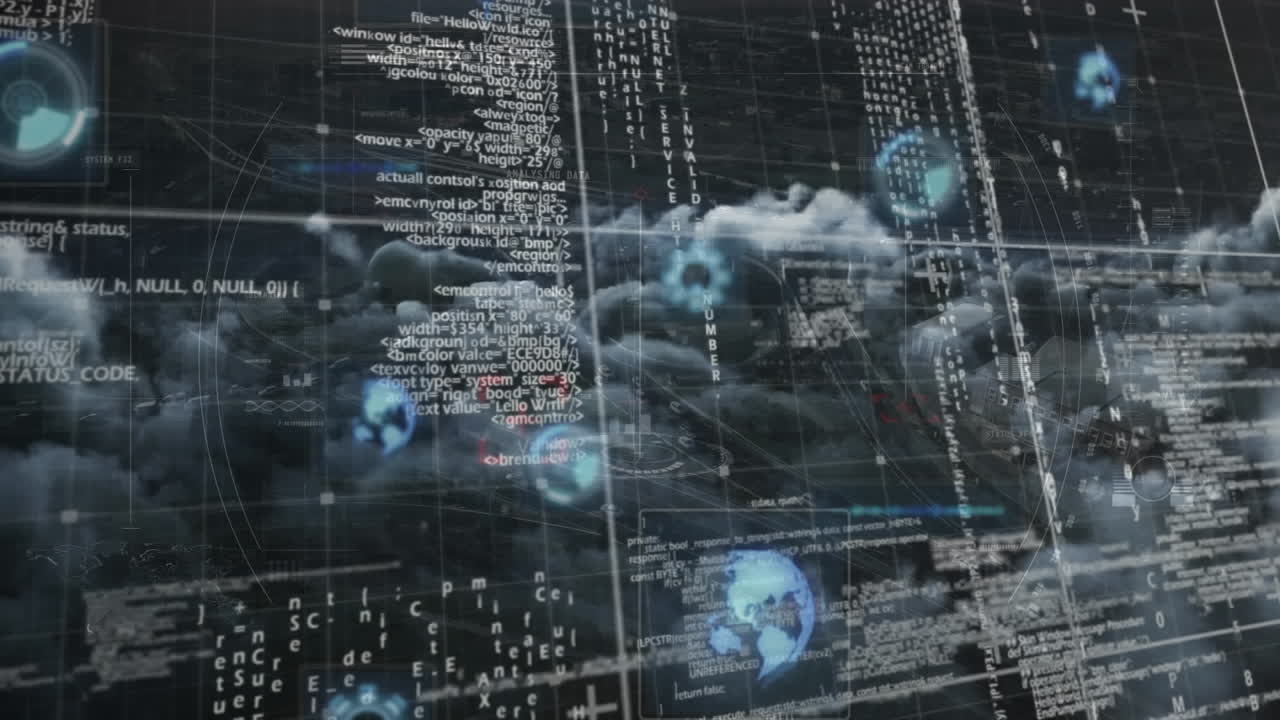 Animation of round scanner and data processing over grid network against dark clouds