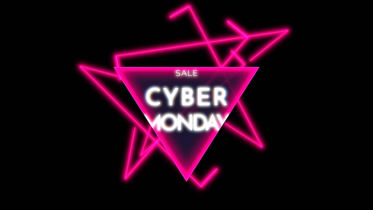 블랙 그라디언트에 네온 삼각형과 함께 사이버 월요일 텍스트