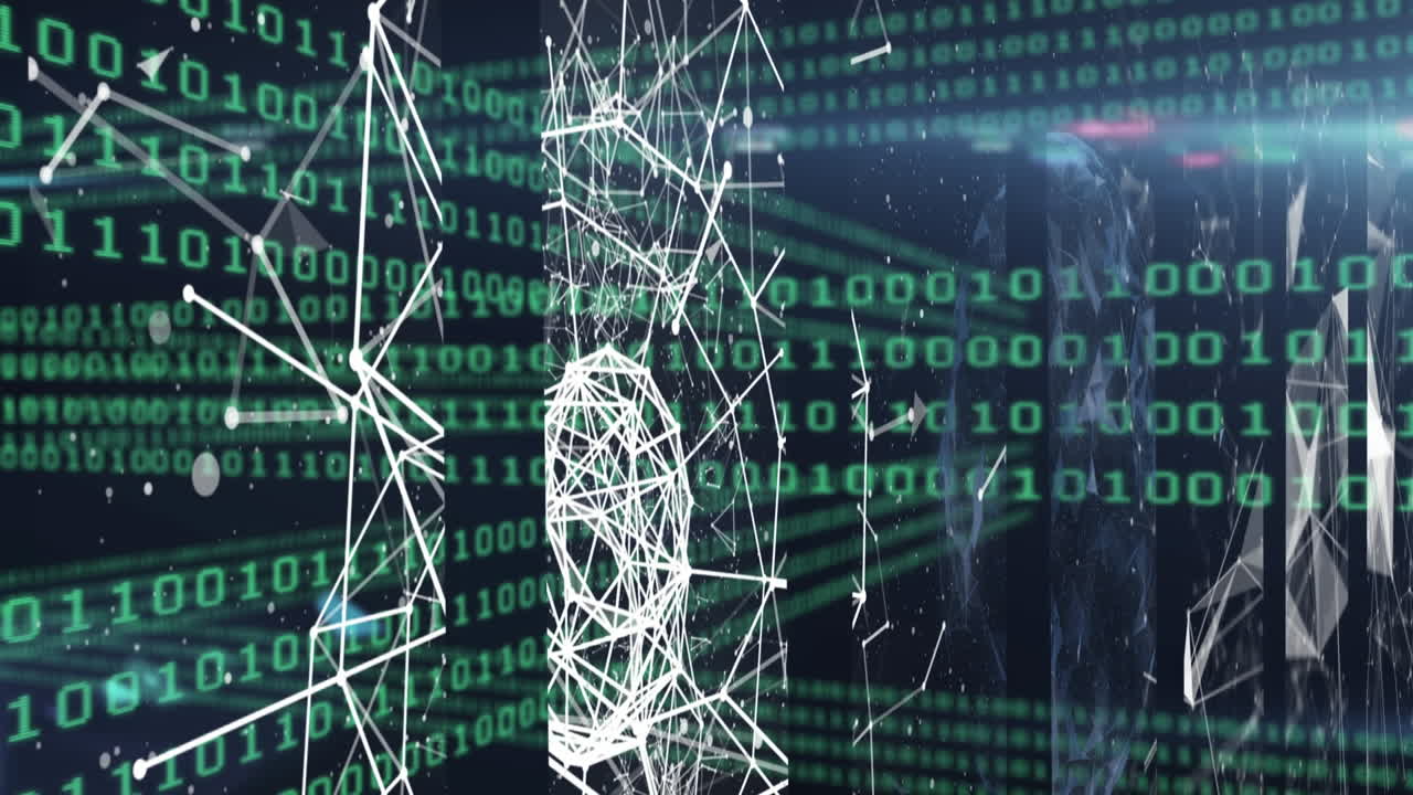 연결 네트워크의 화면과 파란색 배경에 대한 바이너리 코딩