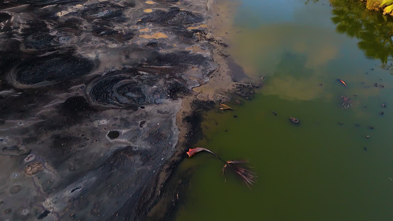 Vista cenital, panorámica sobre alquitrán contaminado y materia negra en el agua verde del lago, reflejando nubes en el cielo.