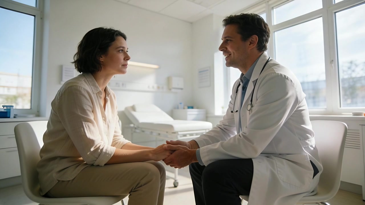 Consulta comenzando, médico tomando las manos, inclinándose y calmando en una clínica con bata blanca y estetoscopio.