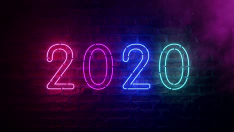 2020 neon sign background new year concept. happy new year. brick background. modern ultraviolet blue purple neon light. flicker light