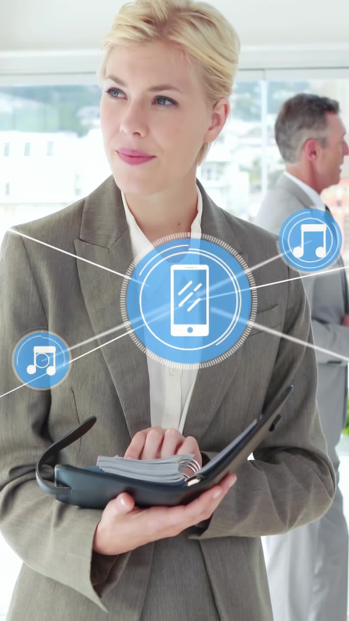 Video verticale: Dirigente d'azienda che sfoglia un portfolio, con icone che si uniscono alle mani e linee a ventaglio che mostrano note.