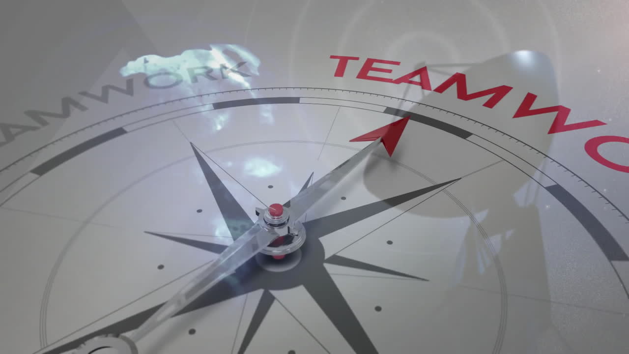 Compass pointing towards teamwork, emphasizing collaboration and direction in animation