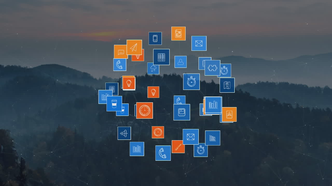 animación de iconos de negocios sobre la vista de las montañas