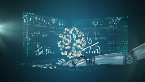 globe of network of businesspeople over robotic hand against screens with mathematical equations