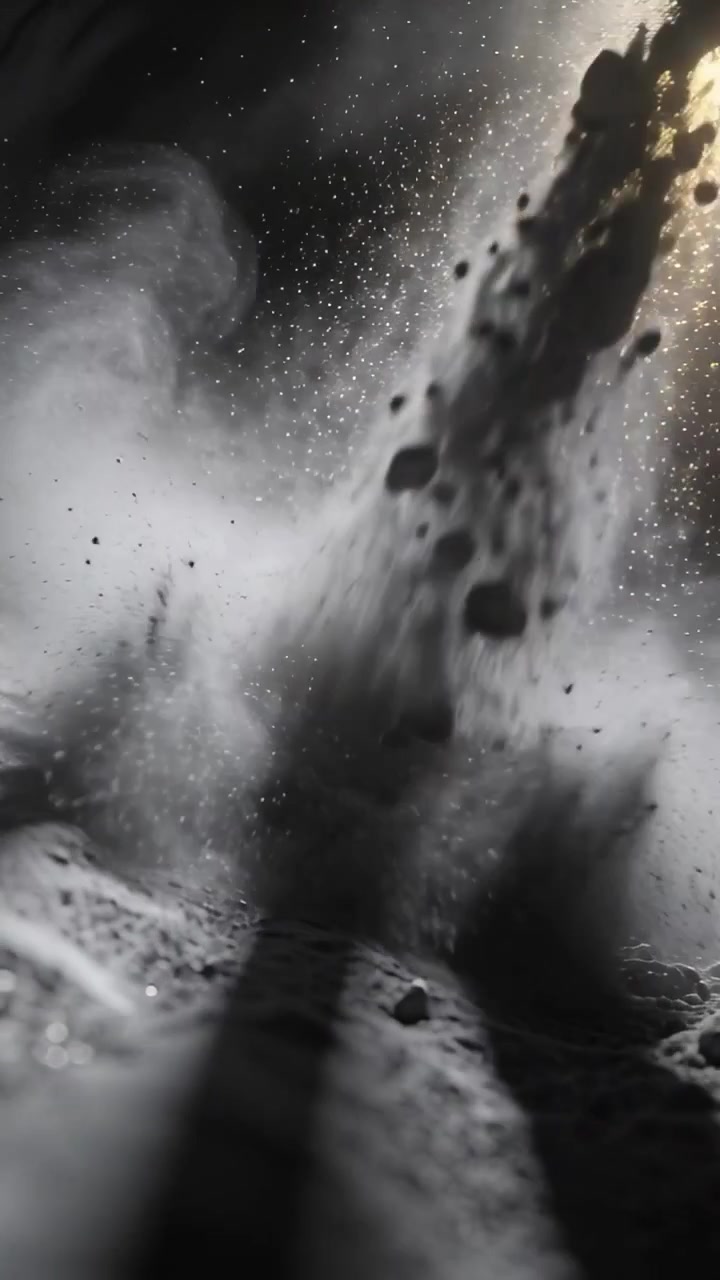 Video verticale: Impatto che innesca un'esplosione proiettando polvere e rocce attraverso i solchi, con un pennacchio che si disperde.