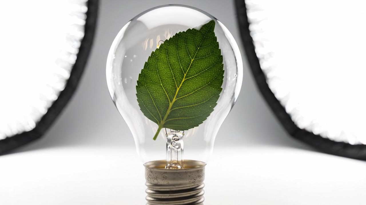 Concetto di lampadina ecologica con una foglia all'interno e un design a filamento luminoso, che simboleggia sostenibilità, innovazione e soluzioni di energia rinnovabile.
