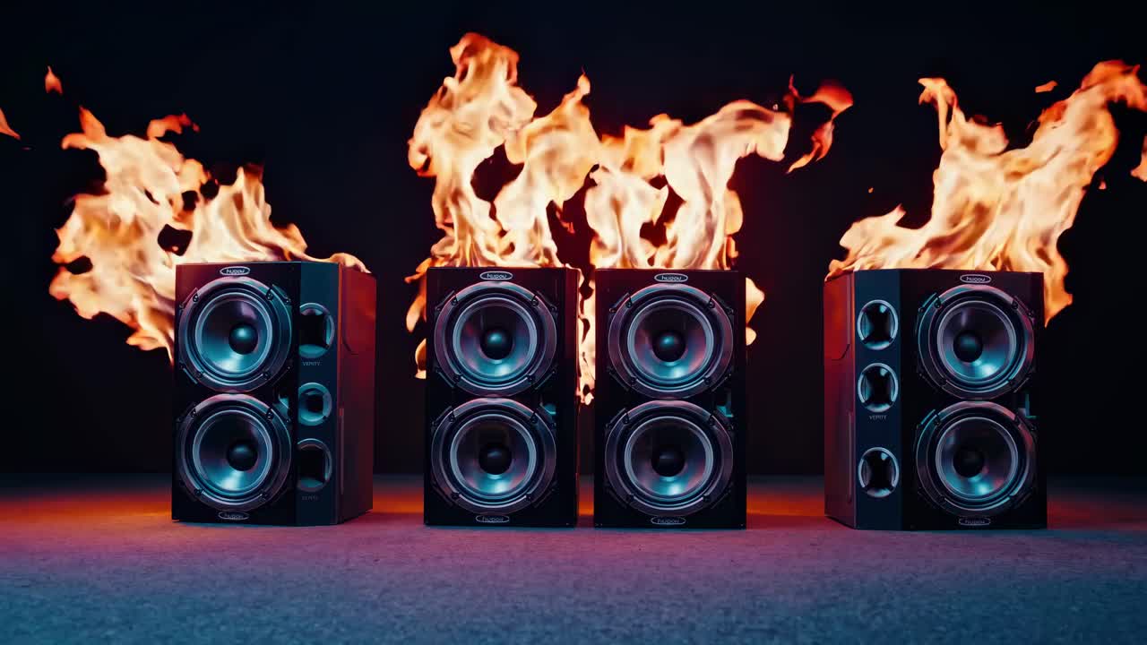 Lav vinkel af højtalere opslugt af flammer mod en mørk baggrund, hvilket skaber en dynamisk effekt