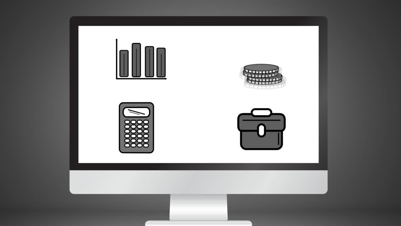 Animation of a computer screen showing social icons on white background