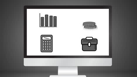 animation of a computer screen showing social icons on white background