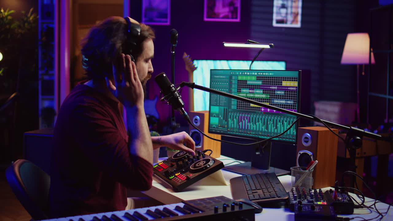 productor de grabación de sonido de coros para agregar melodías en el estudio casero