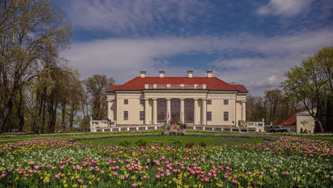 blooming flowers in front of pakruojis manor, time lapse view