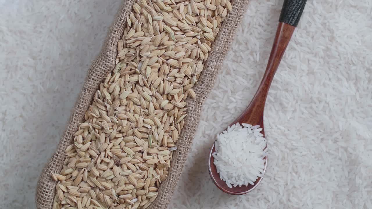 Raw Rice Grain In Unique Bowl, Rustic Bag And Wooden Spoon Rotate In Slow Motion. White Rice Grains Food Background