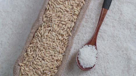 raw rice grain in unique bowl, rustic bag and wooden spoon rotate in slow motion. white rice grains food background
