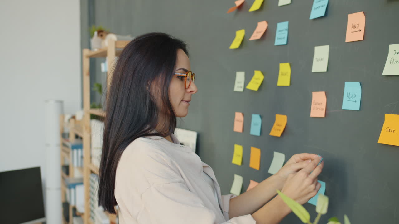 Woman Planning a Meeting on a Wall with Sticky Notes