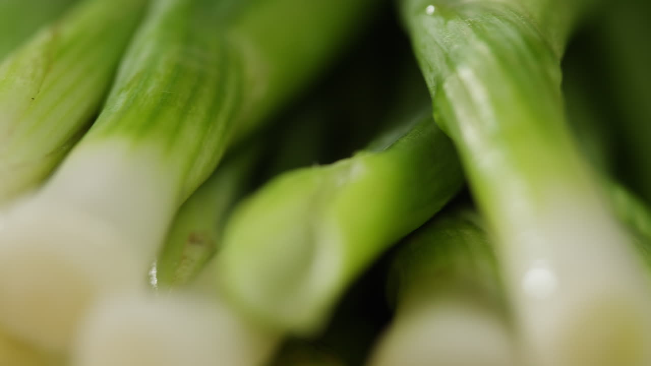Cutting fresh green onions on a cutting board, close up chef cooking green vegan salad.