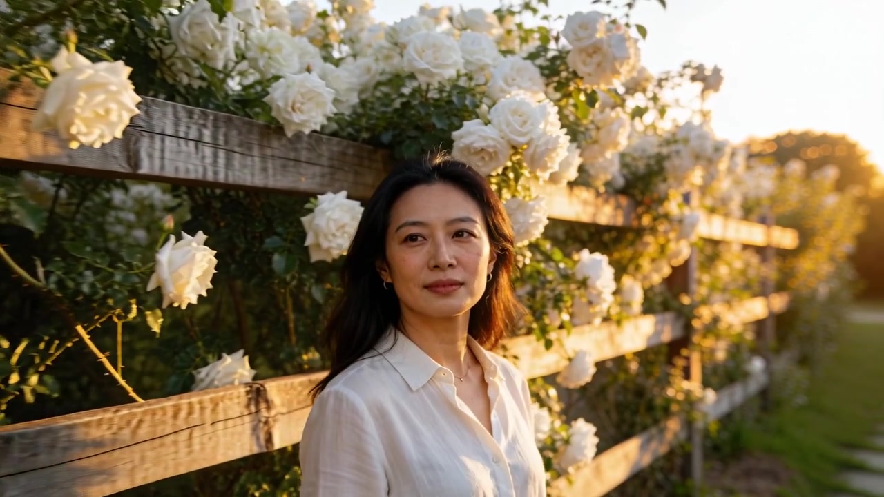 カメラが移動し、庭のバラのある木製のフェンスのそばで、白いブラウスを着た女性が首を傾げ微笑んでいる。