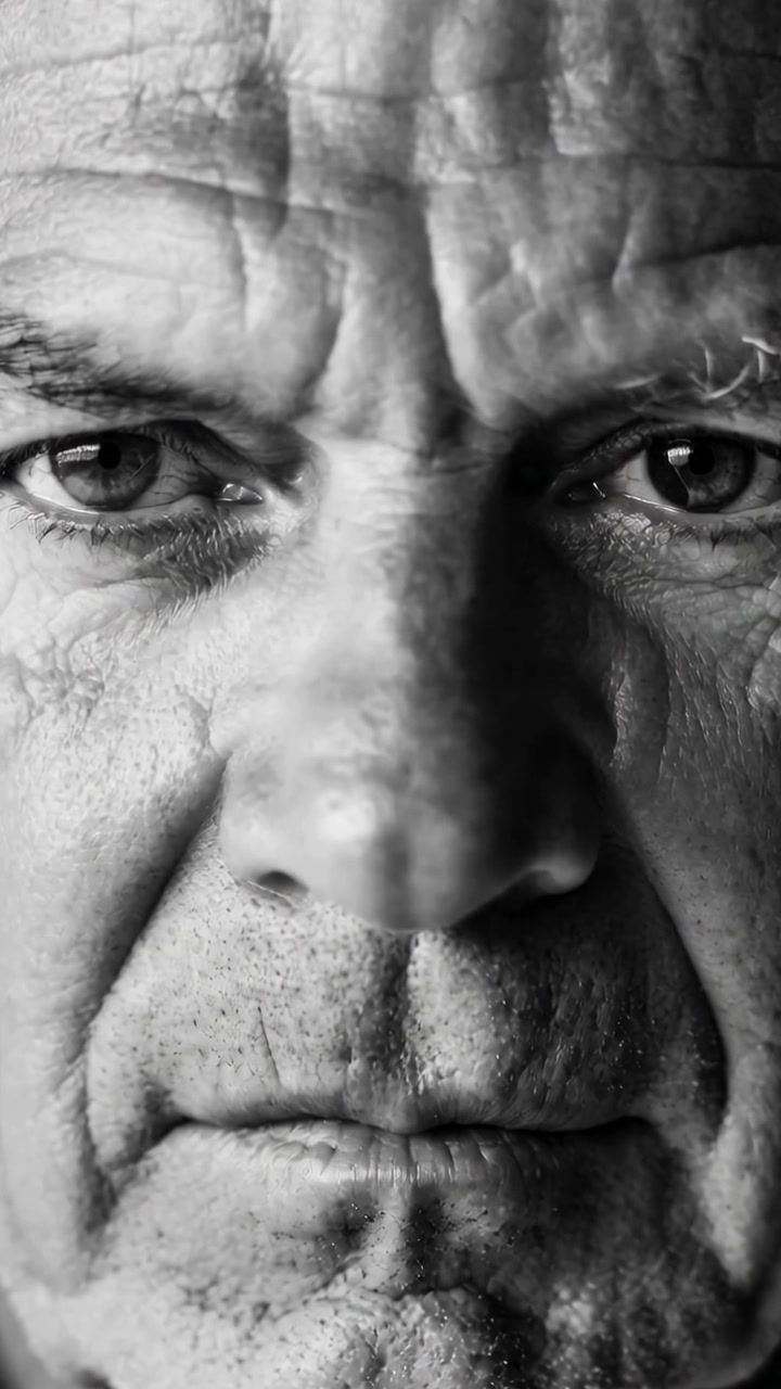 Video verticale: Inquadratura di un uomo anziano che sposta lo sguardo mentre la telecamera lo inquadra in studio, mostrando la texture della pelle.