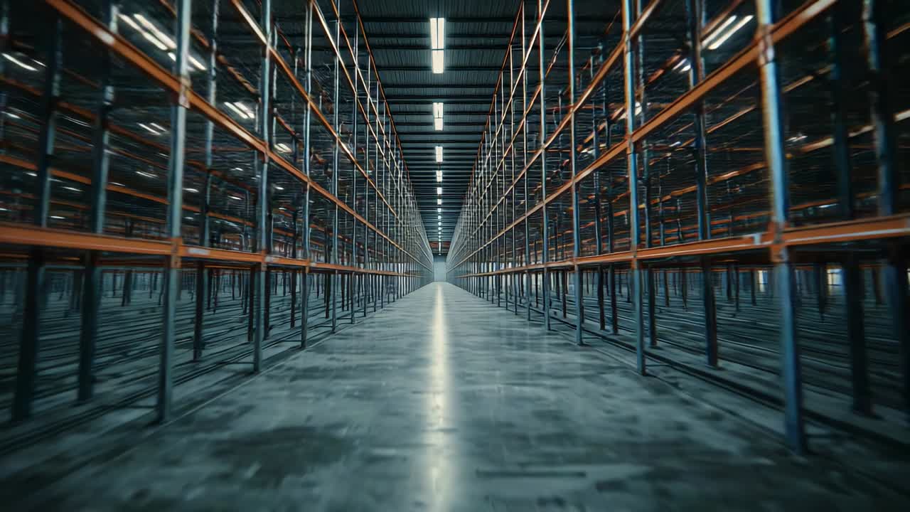 Starting camera gliding through warehouse aisle drawing viewer deeper with empty shelving