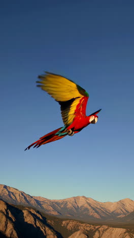 colorful macaw soaring above mountains