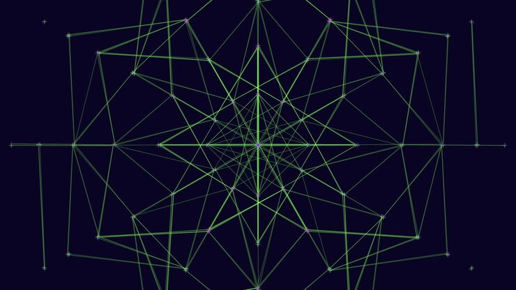 Glowing green network of lines and dots illuminated in darkness