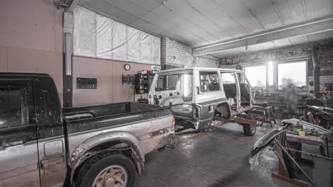 timelapse of mechanics working on different vehicles in their shop