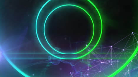 animación de formas circulares a través de una red de conexiones y ondas digitales contra un fondo negro