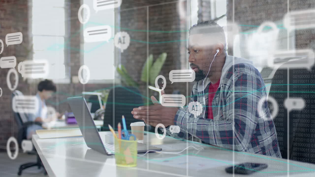 Animation of data processing and ai chat over biracial businessman having video call in office