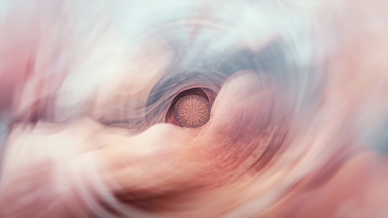 Pulling camera moving inward, revealing central patterned disk in pastel fabric tunnel for texture
