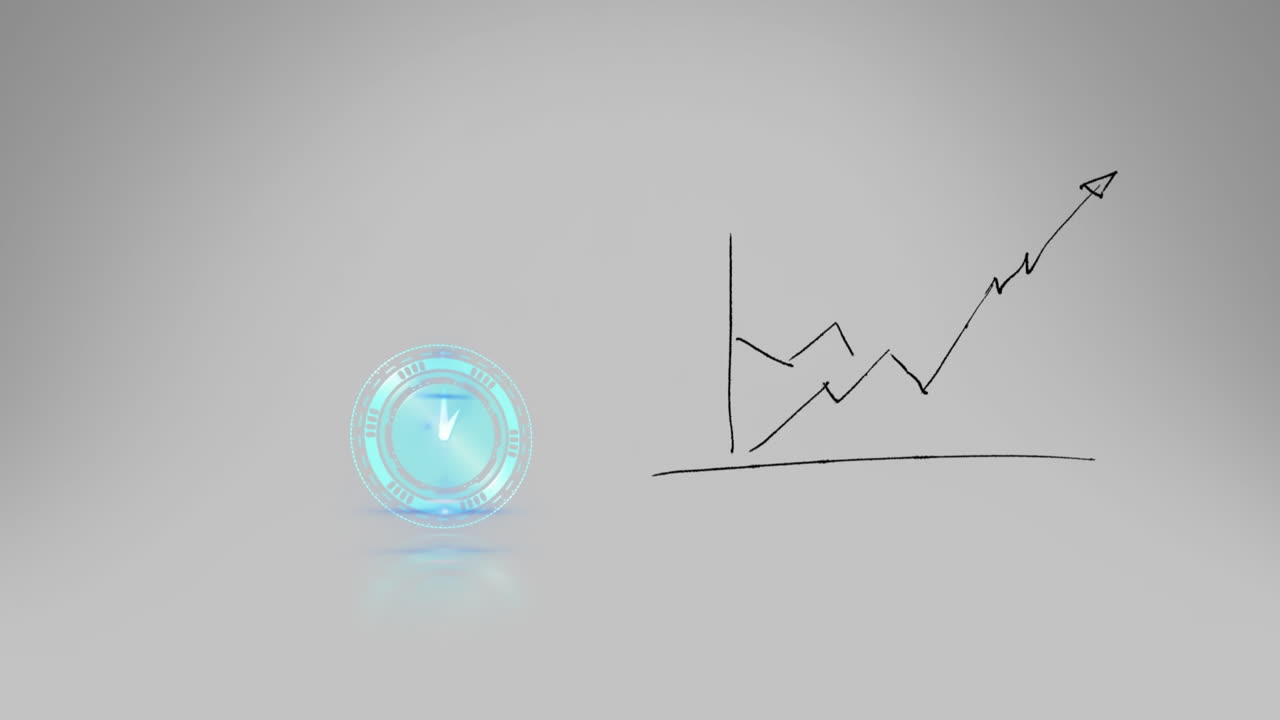 회색 배경에 시계와 손으로 그린 통계의 애니메이션
