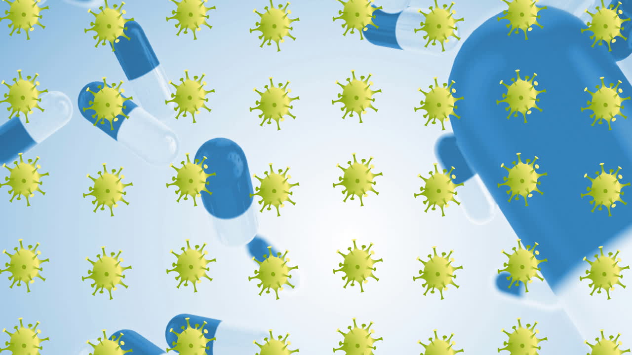Animazione di icone di virus su pillole