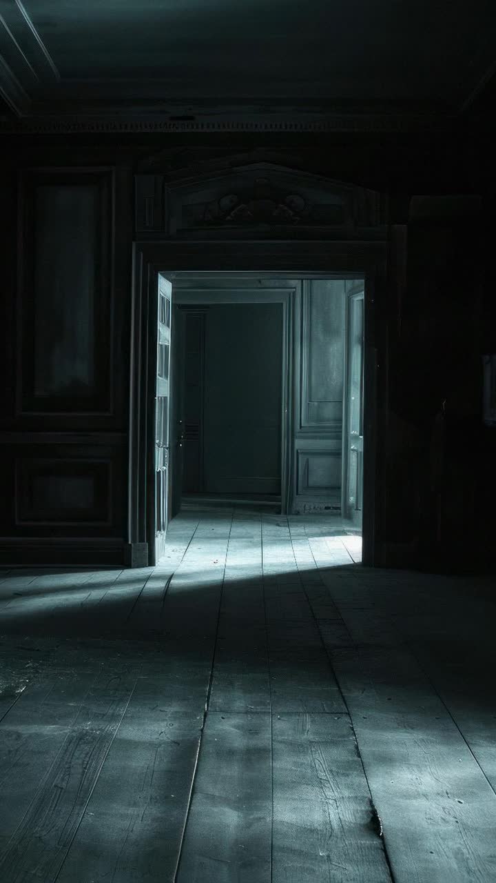 A dimly lit, eerie hallway with an open door, captured from a low angle, evokes a suspenseful video