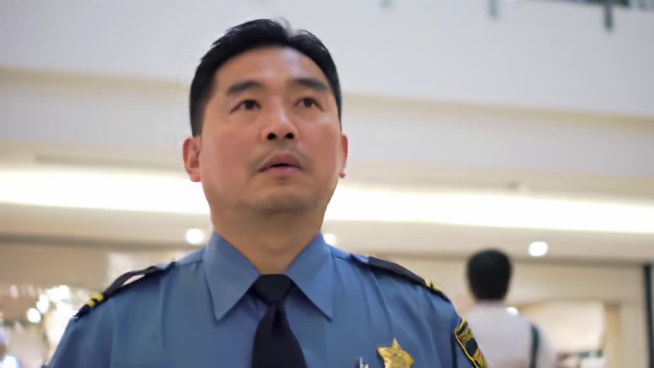 A vigilant security officer surveys the bustling mall environment, attentively monitoring the area for any unusual activity while ensuring public safety and peace