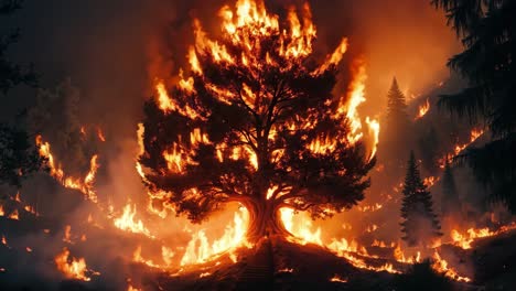 un gran árbol en el medio de un bosque en llamas