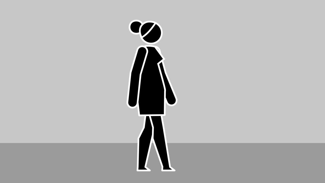 Animation en boucle de marche d'un personnage féminin de dessin animé en bâtonnets, isolée avec cache de luminance pour canal alpha.